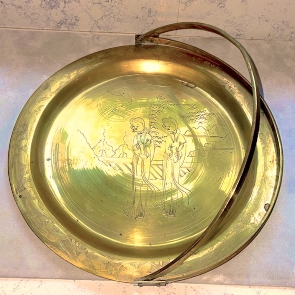 Antique Engraved Brass Handmade in China  Intricate Decorative Handled Tray EUC